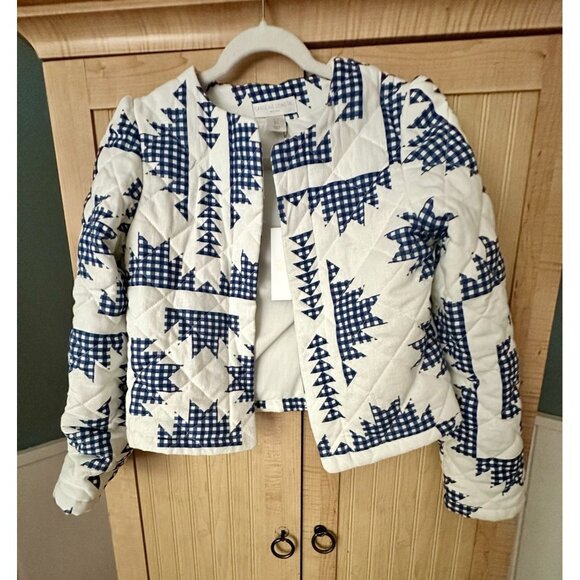 CAROLINE CONSTAS White/Blue Gingham Quilted Linen Blend Jacket Sz Small NWT $395 - Picture 8 of 8
